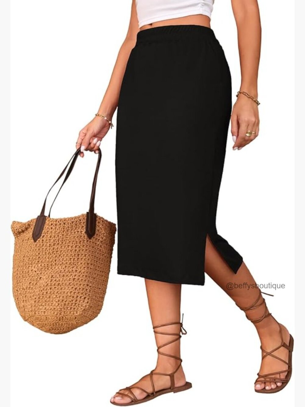 Midi Skirts for Women Summer Elastic High Waisted Side Slit Long